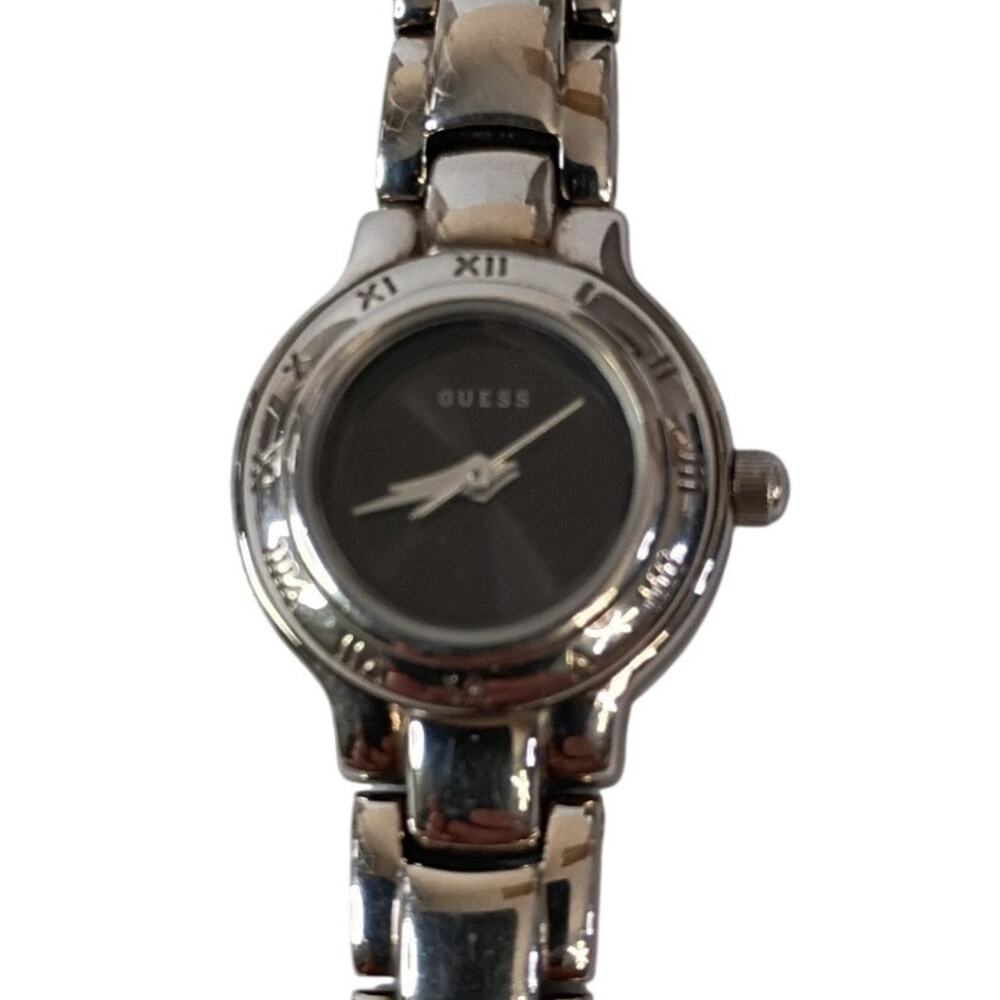 GUESS Fashion Watch – Black Dial, Roman Numerals, Metal Band